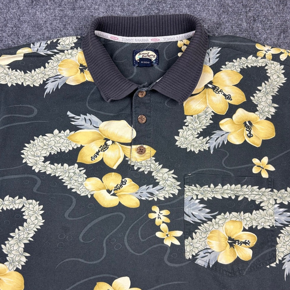 Tommy Bahama Polo Shirt Mens XL Black Yellow Floral Short Sleeve Vtg y2k 90s